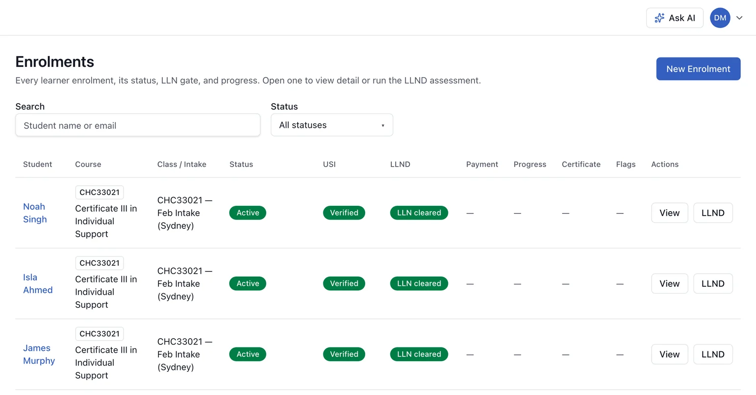 RTOCentral enrolments list showing each learner's status, USI verification, and LLND gate.